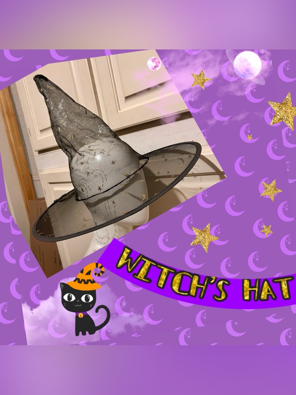 Black Witch Hat with Gold Star & Moon Accents - Party Hat